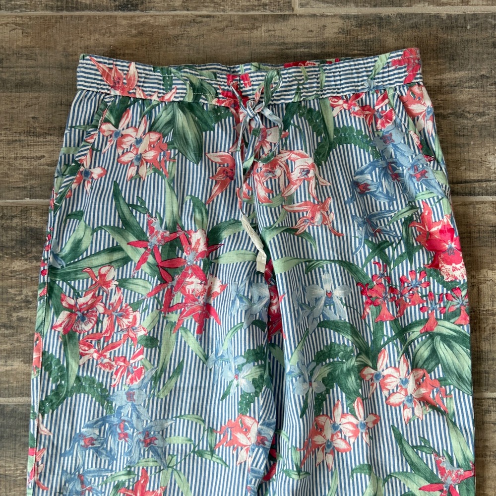 Tommy Bahama Orchid Isle Stripe Easy Pant Women M Blue Floral Linen Wide Leg - Picture 6 of 8
